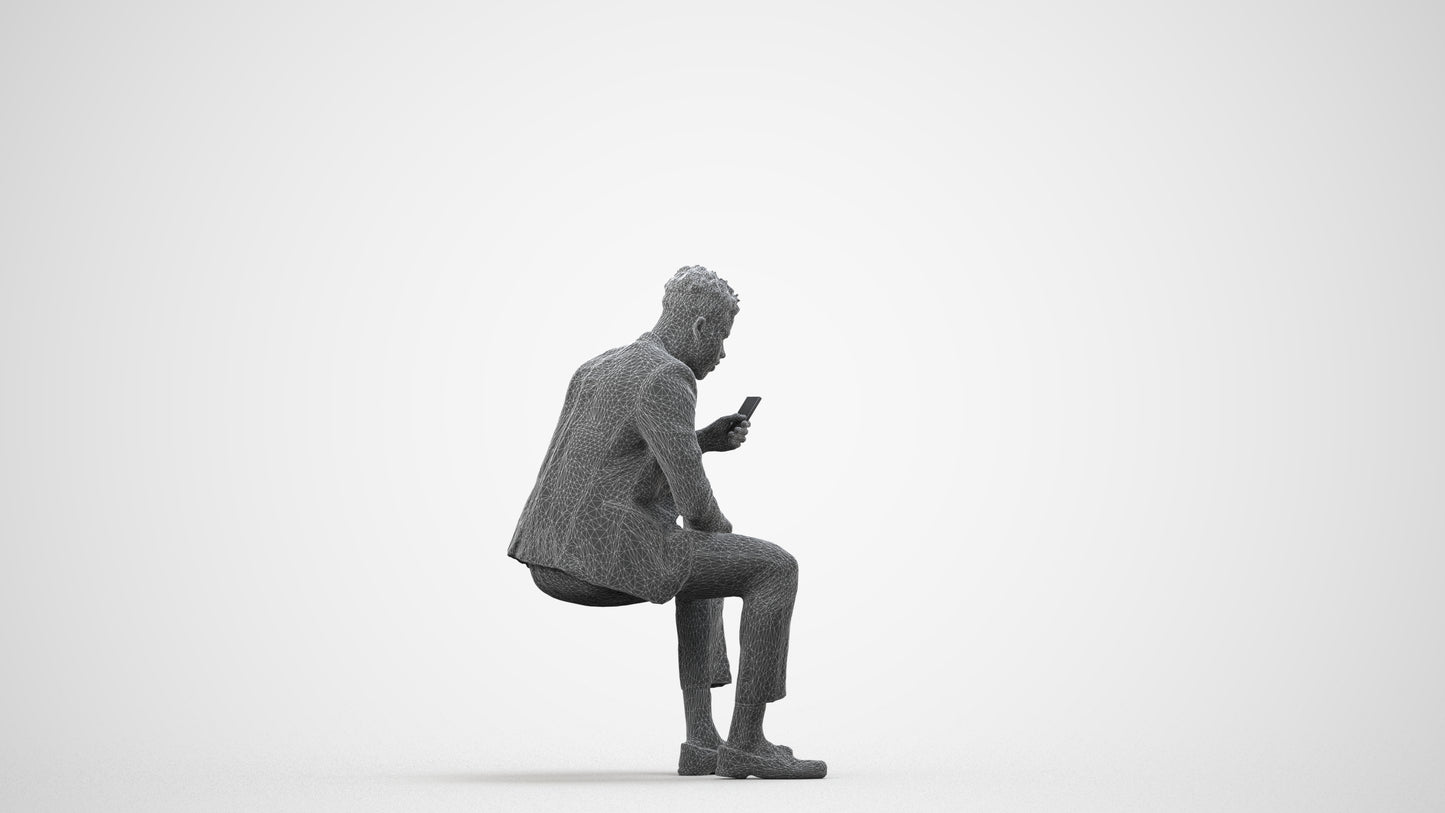 realistic 3D man casual sitting, scanned archviz people for Blender and 3ds Max, wireframe side view