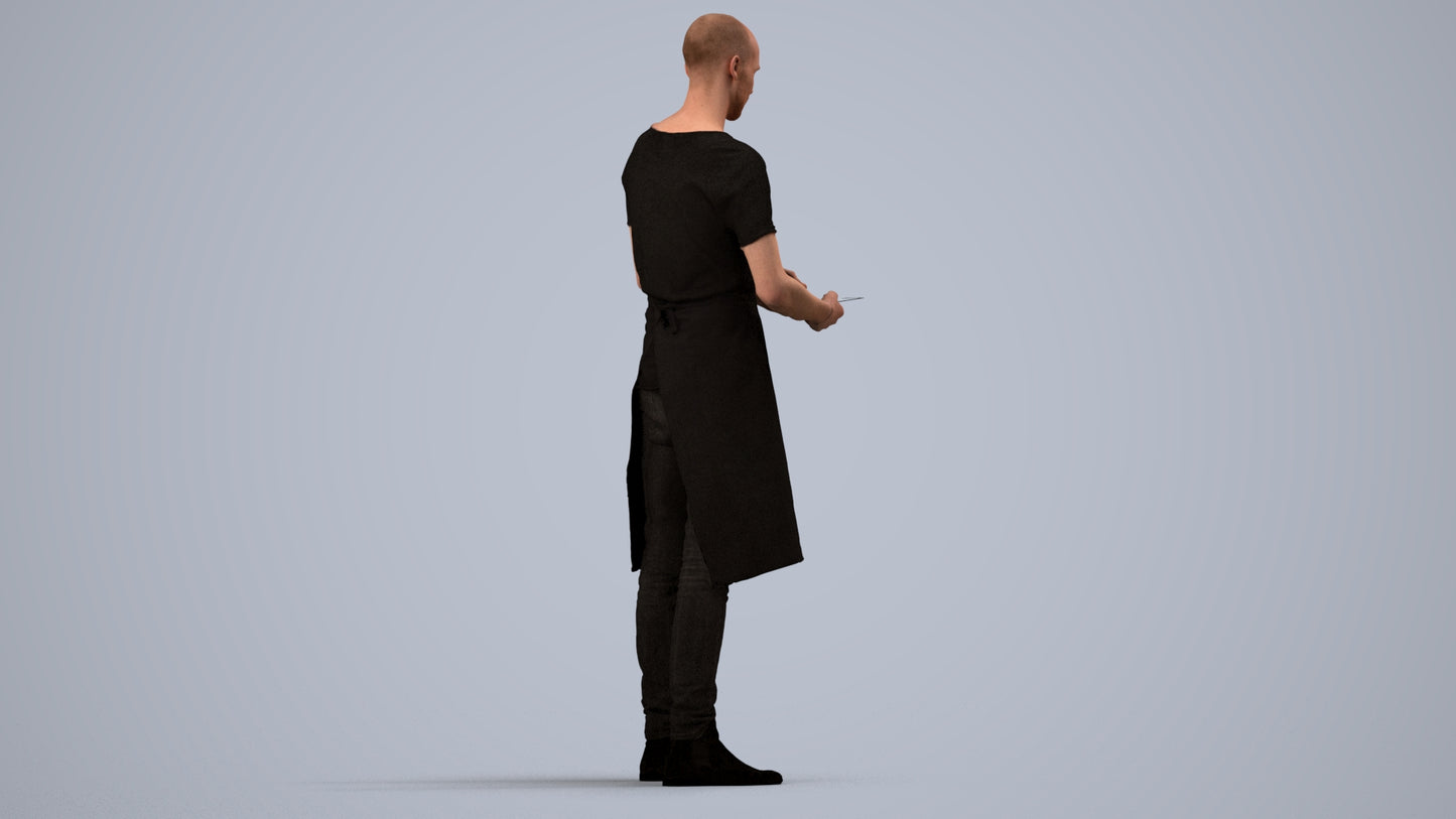 3D human model man hospitality, photogrammetry scanned person for archviz, side view render