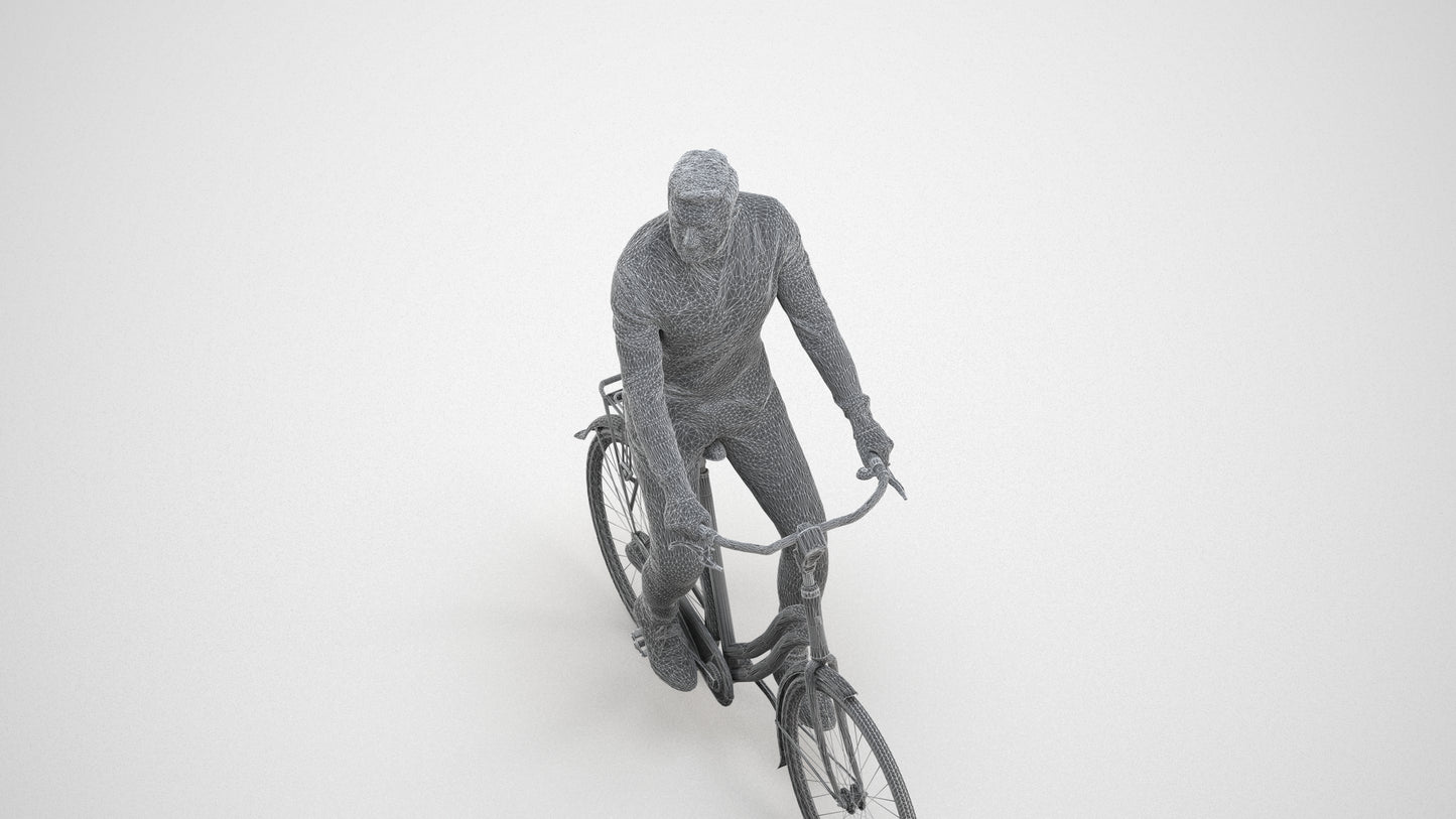 realistic 3D people man casual cycling, render-ready for V-Ray and Corona, FBX OBJ, wireframe three-quarter view