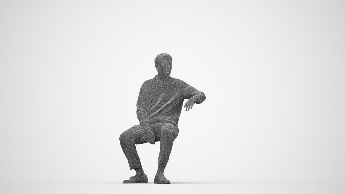photogrammetry 3D man casual sitting, realistic human model archviz FBX, wireframe back view
