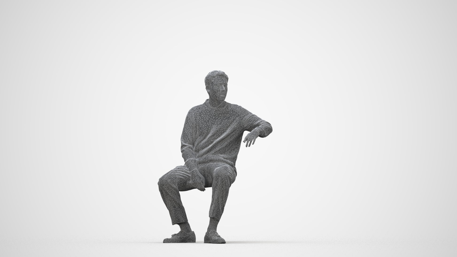 photogrammetry 3D man casual sitting, realistic human model archviz FBX, wireframe back view