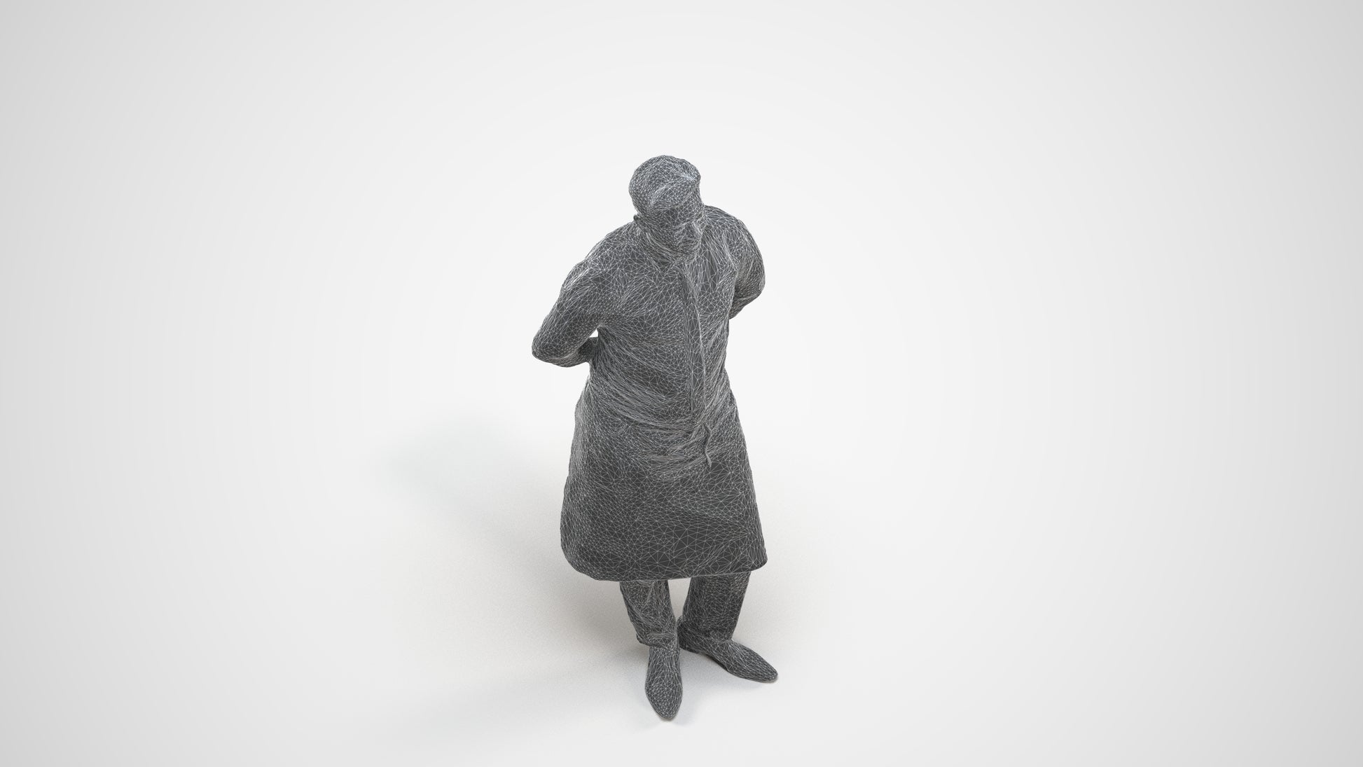 scanned 3D man hospitality, photogrammetry people for Enscape and V-Ray, wireframe three-quarter view