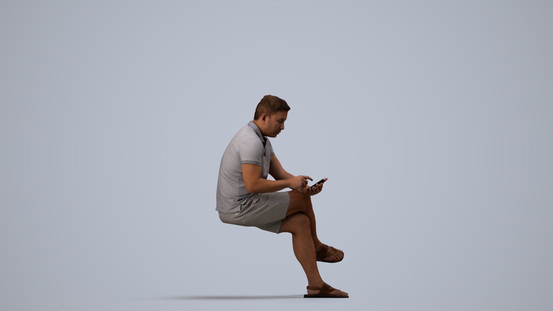 3D people model man casual sitting, scanned human for 3ds Max rendering, side view render