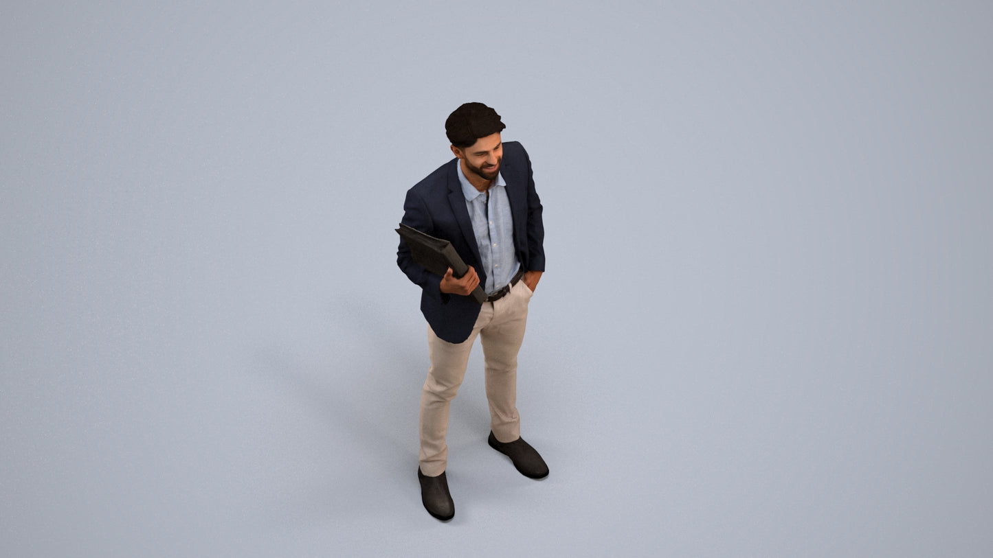 3D human model man business, photogrammetry scanned person for archviz, back view render