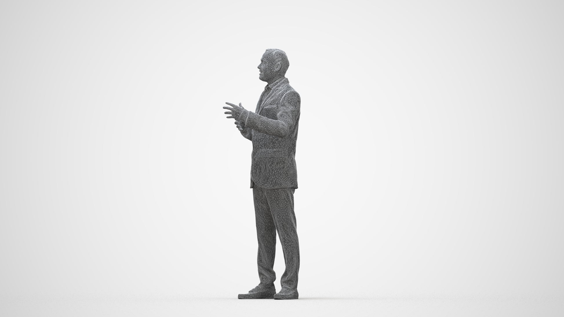 3D human model man formal standing, photogrammetry scanned person for archviz, wireframe back view