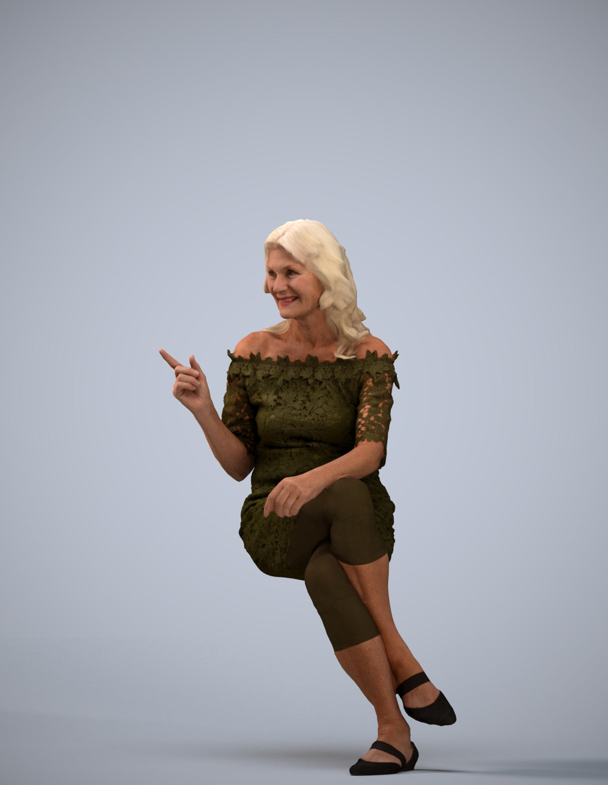 3D human model senior woman casual sitting, photogrammetry scanned person for archviz