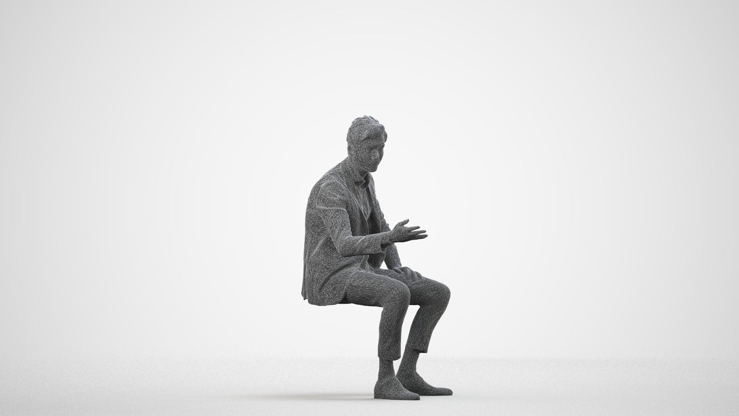 3D human model man business, photogrammetry scanned person for archviz, wireframe side view