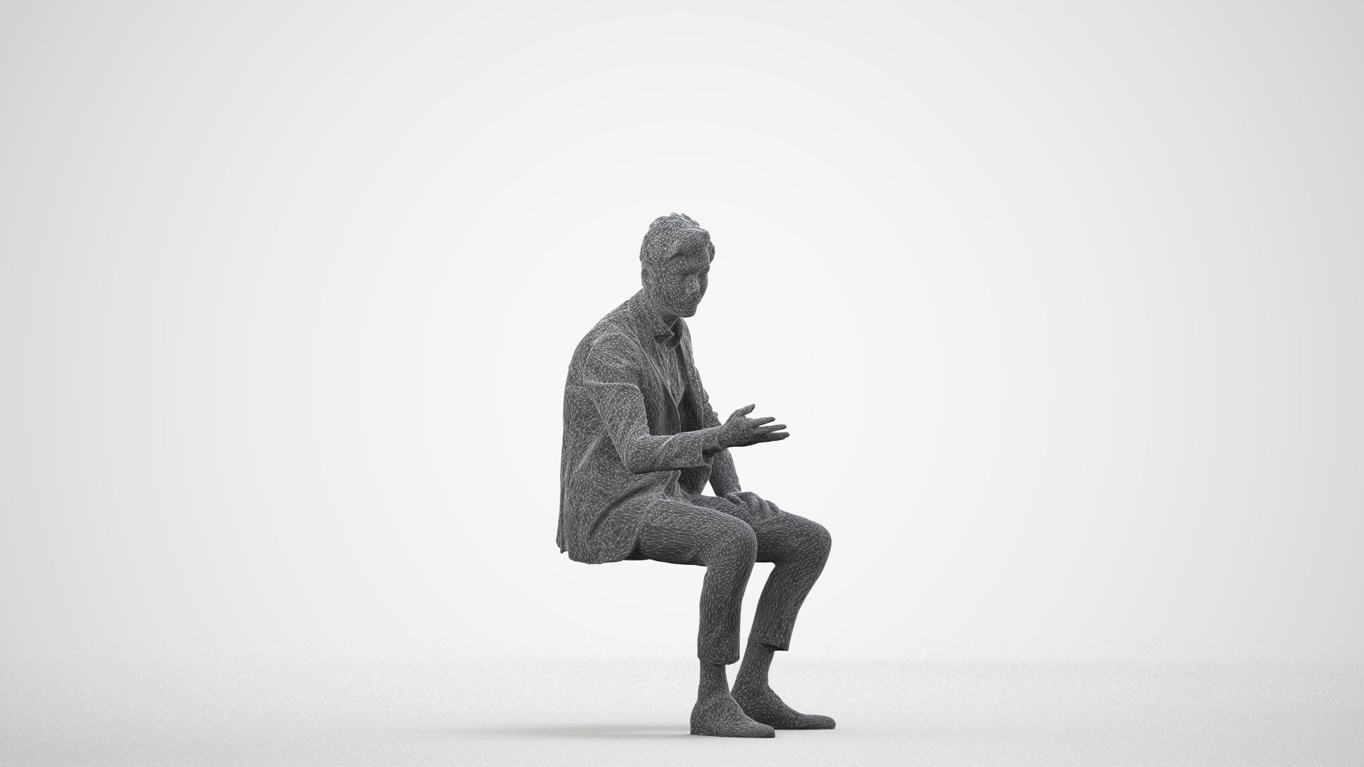 3D human model man business, photogrammetry scanned person for archviz, wireframe side view