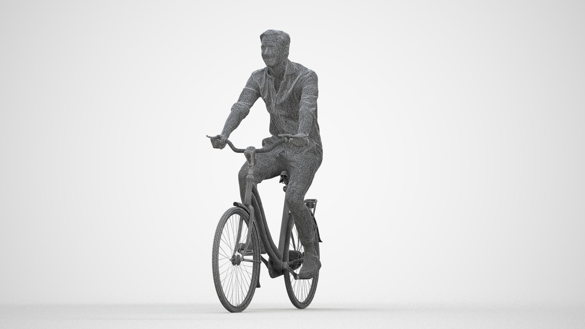 realistic 3D man casual cycling, scanned archviz people for Blender and 3ds Max, wireframe back view