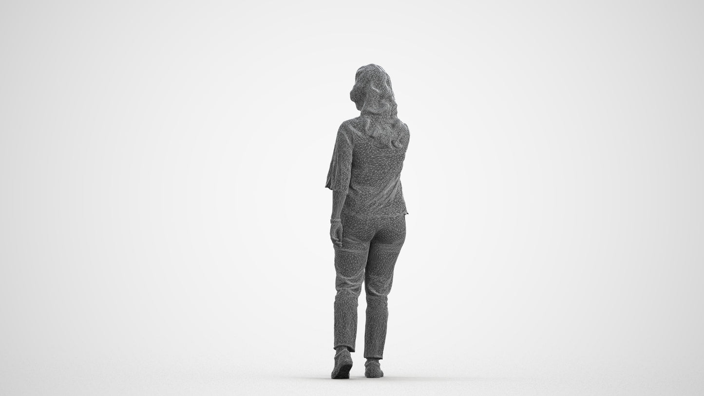 3D human model woman casual mix, photogrammetry scanned person for archviz, wireframe front view
