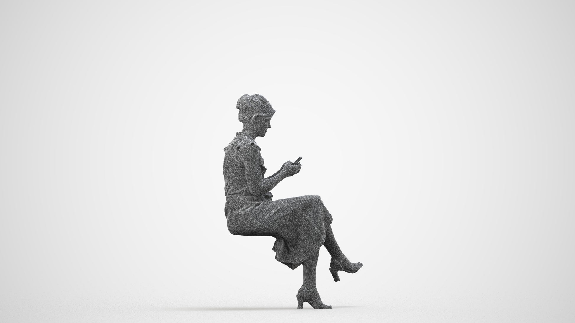realistic 3D people woman casual sitting, render-ready for V-Ray and Corona, FBX OBJ, wireframe side view