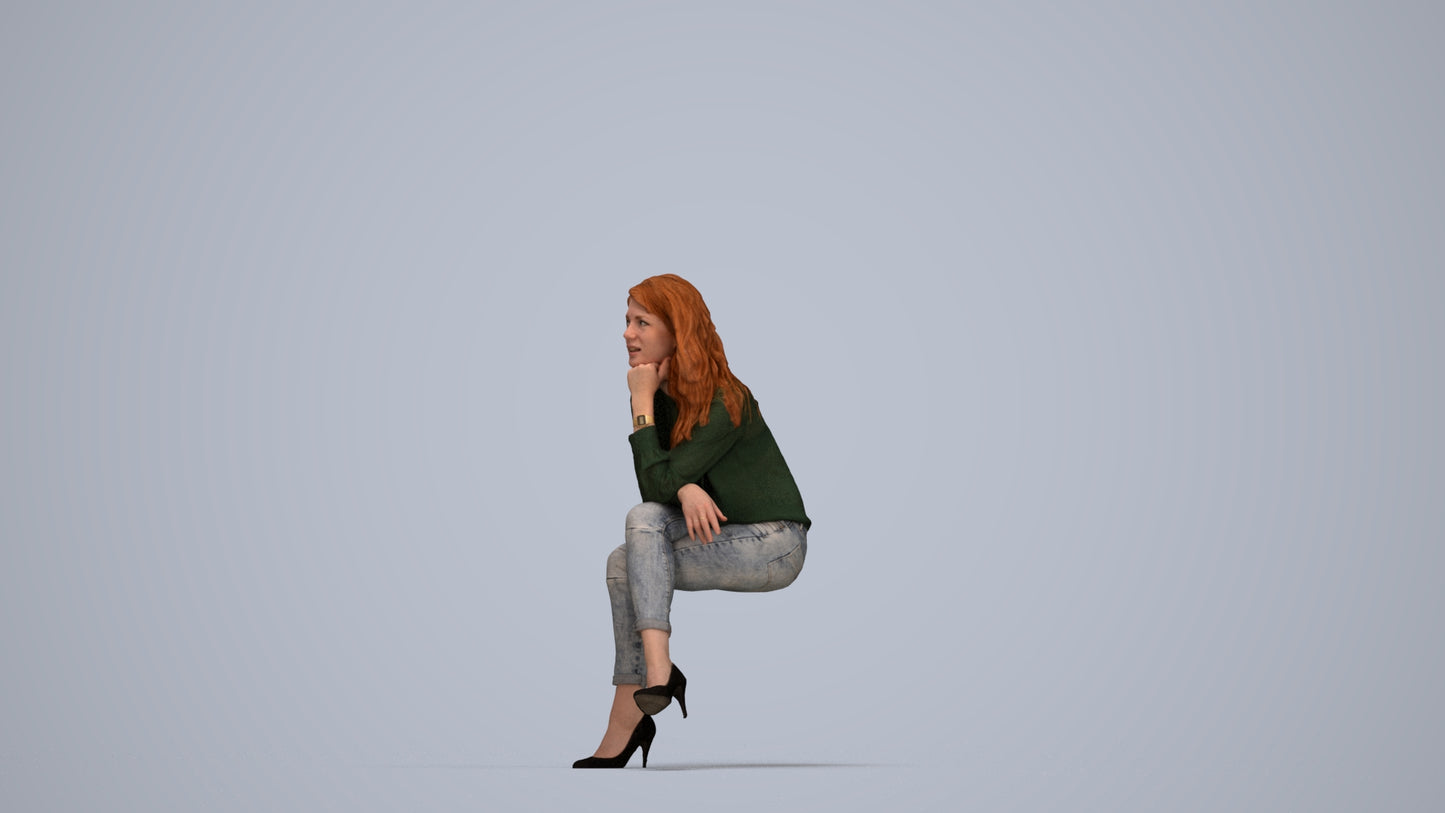 realistic 3D human woman casual sitting, archviz people FBX OBJ for Blender, top-down view render