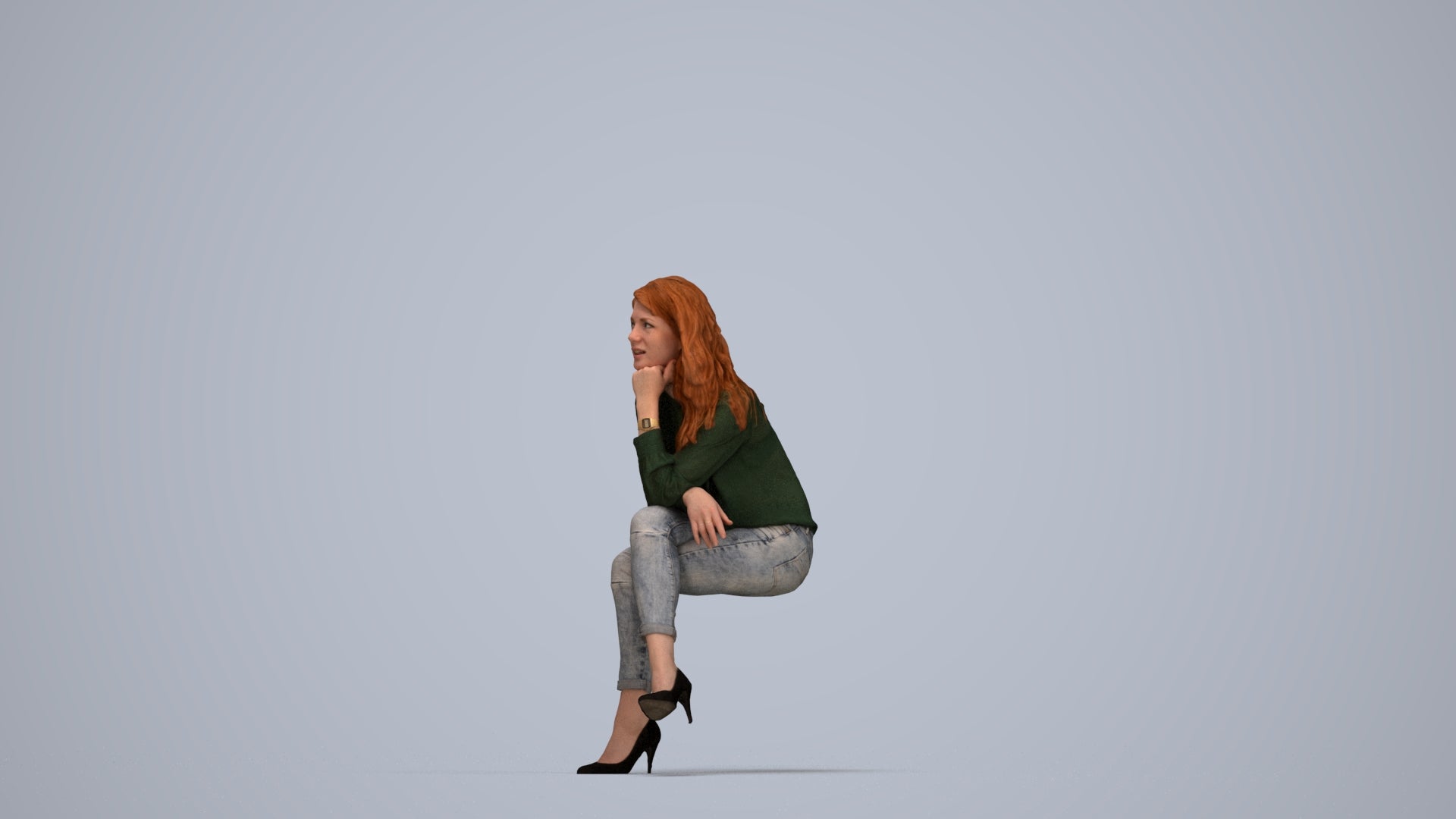 realistic 3D human woman casual sitting, archviz people FBX OBJ for Blender, top-down view render