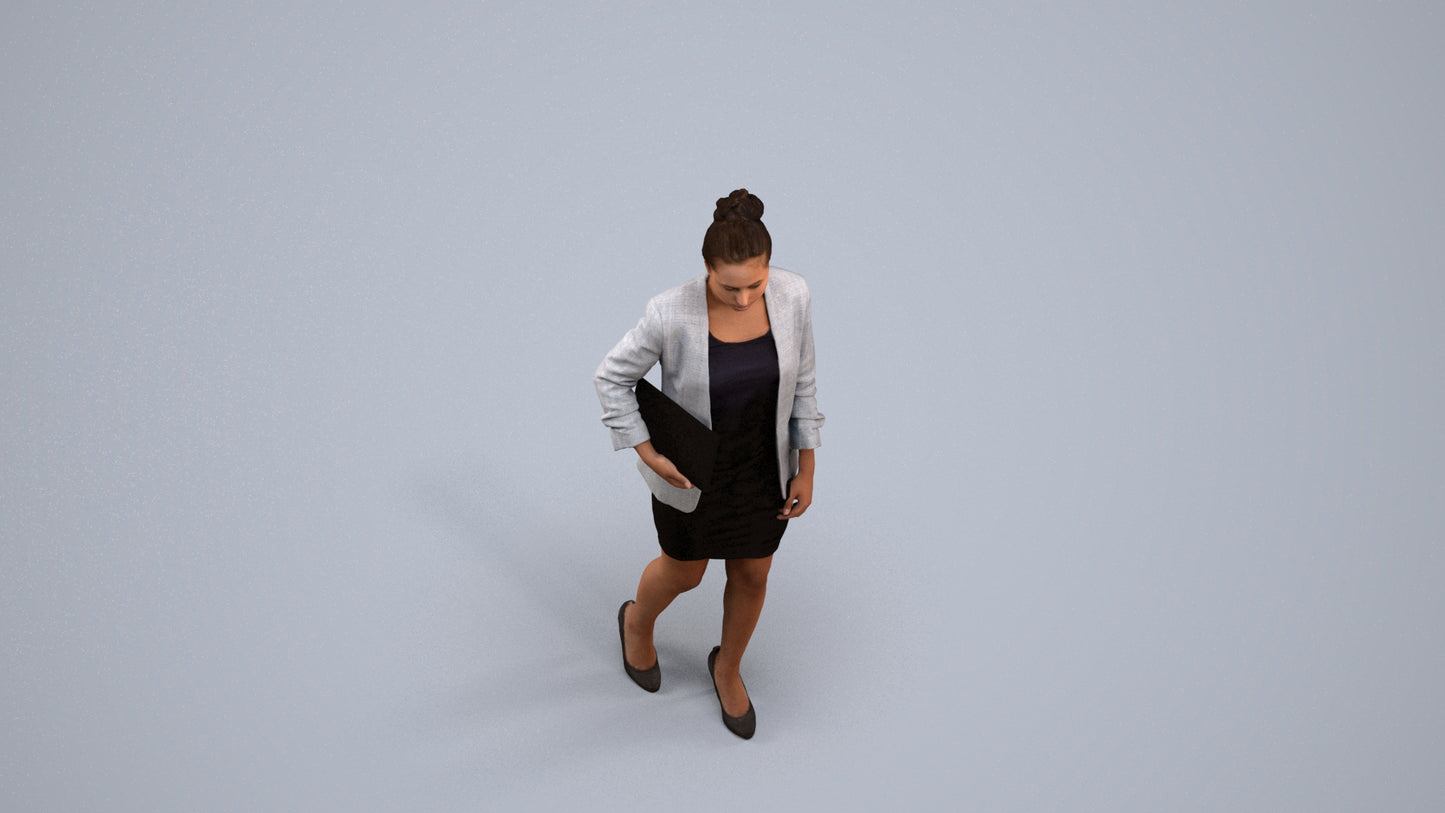 3D human model woman business, photogrammetry scanned person for archviz, back view render