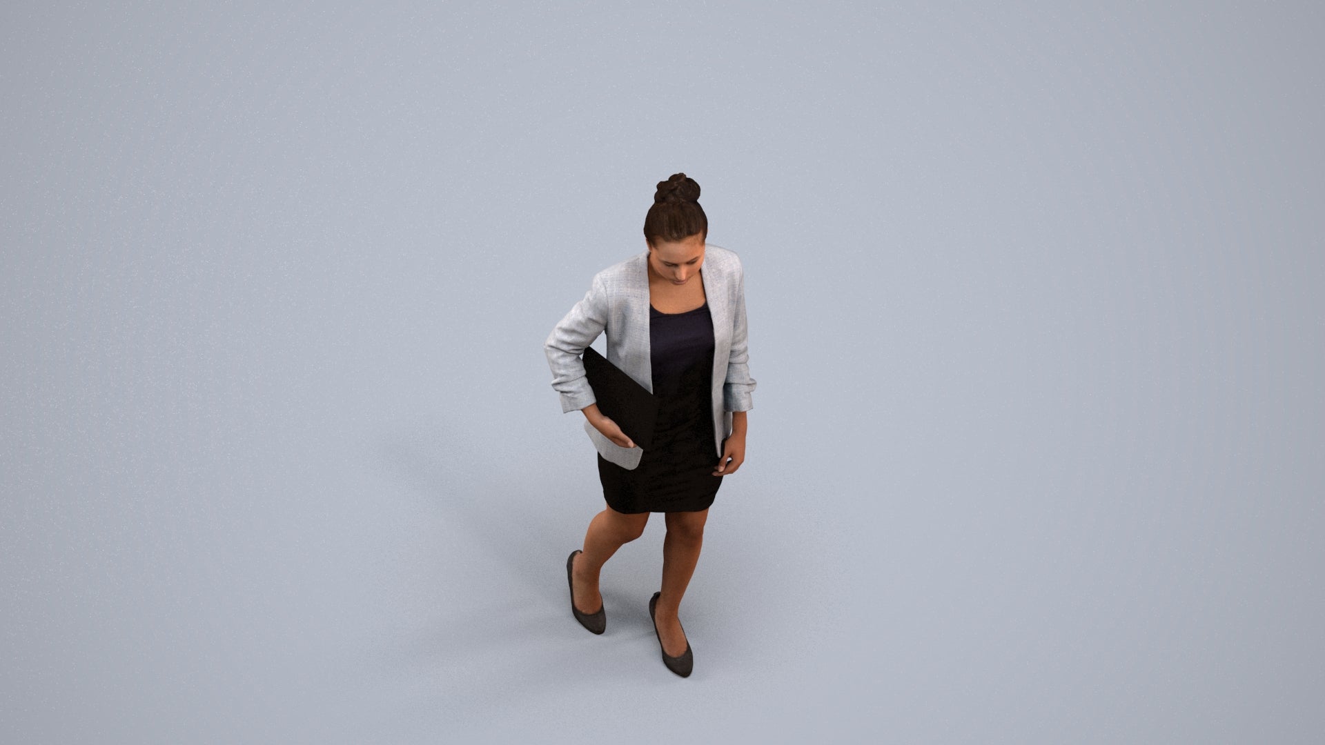 3D human model woman business, photogrammetry scanned person for archviz, back view render
