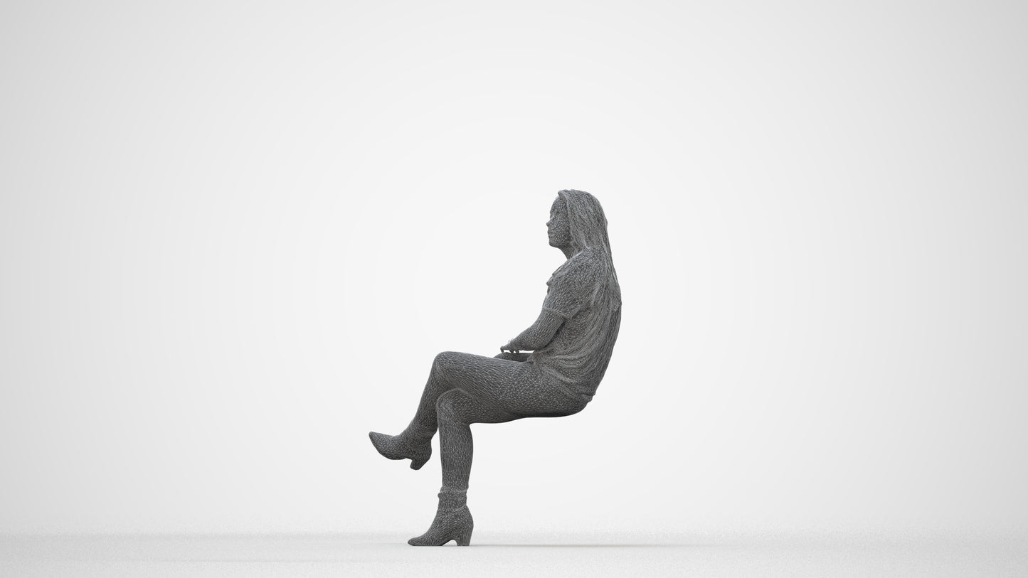 realistic 3D people woman casual sitting, render-ready for V-Ray and Corona, FBX OBJ, wireframe back view