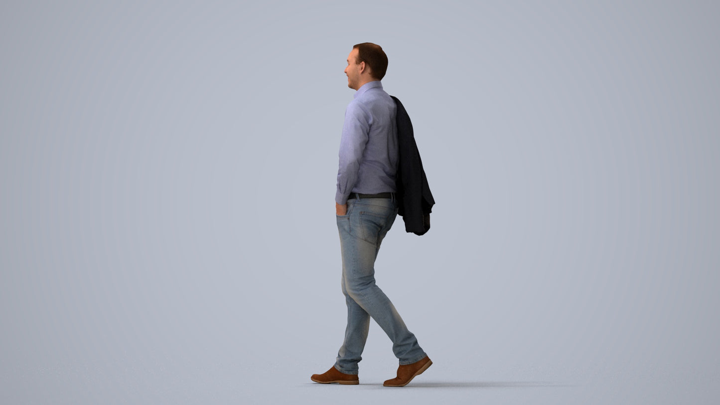 realistic 3D man business standing, scanned archviz people for Blender and 3ds Max, three-quarter view render
