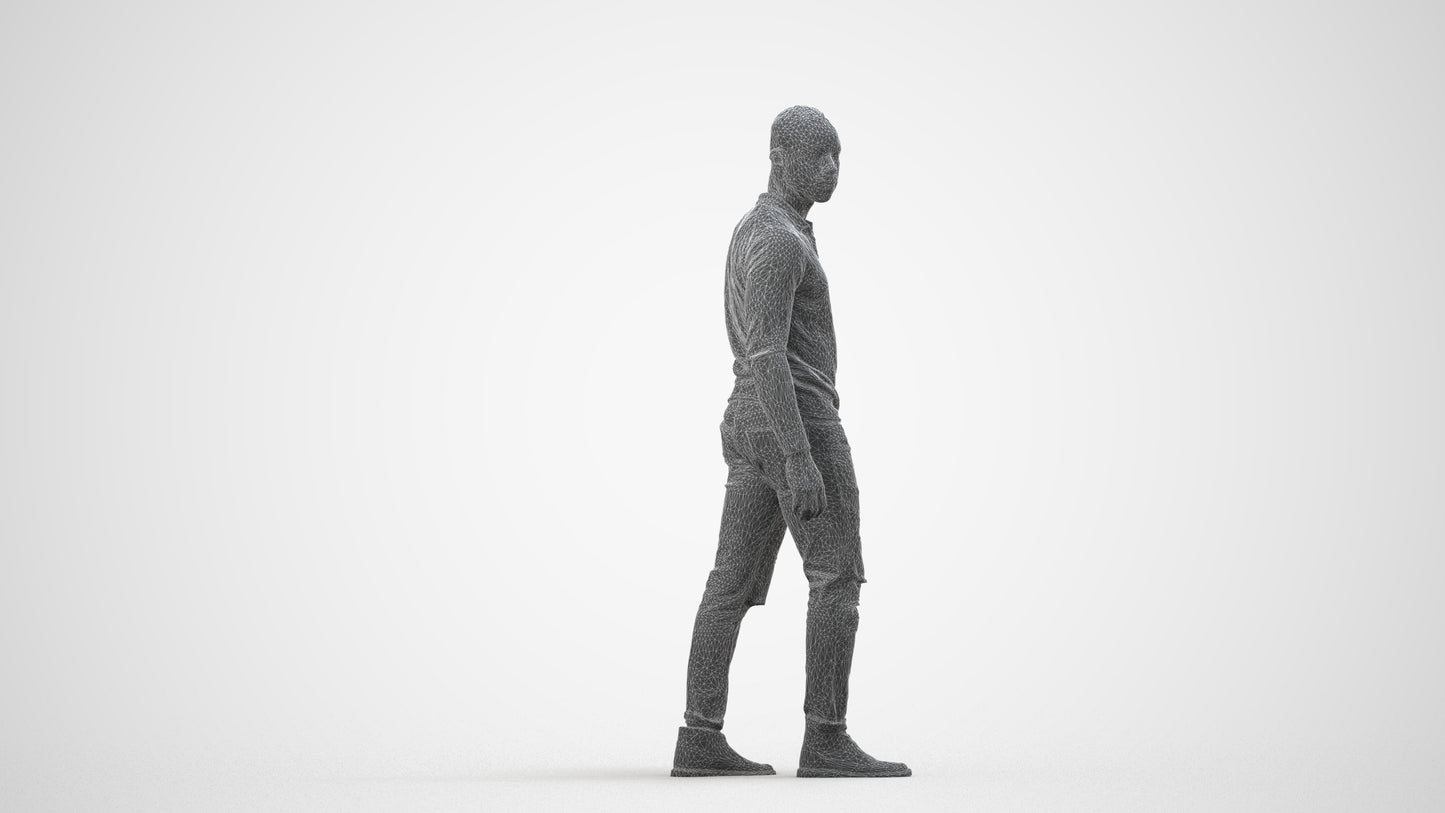 photogrammetry 3D man casual walking, realistic human model archviz FBX, wireframe side view
