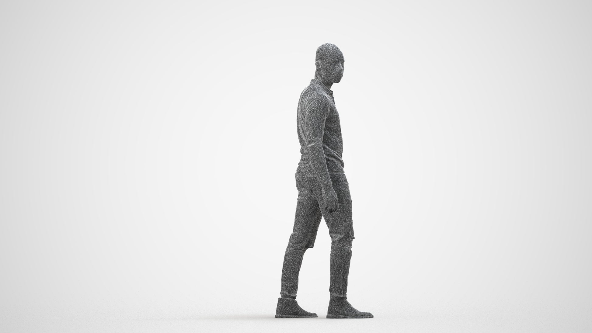 photogrammetry 3D man casual walking, realistic human model archviz FBX, wireframe side view