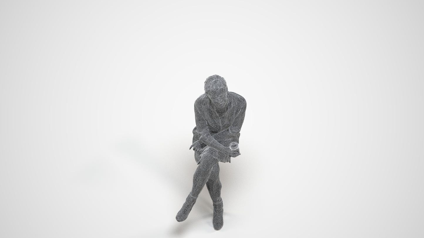 3D scanned woman sitting casual, photorealistic archviz people for Enscape and SketchUp, wireframe three-quarter view