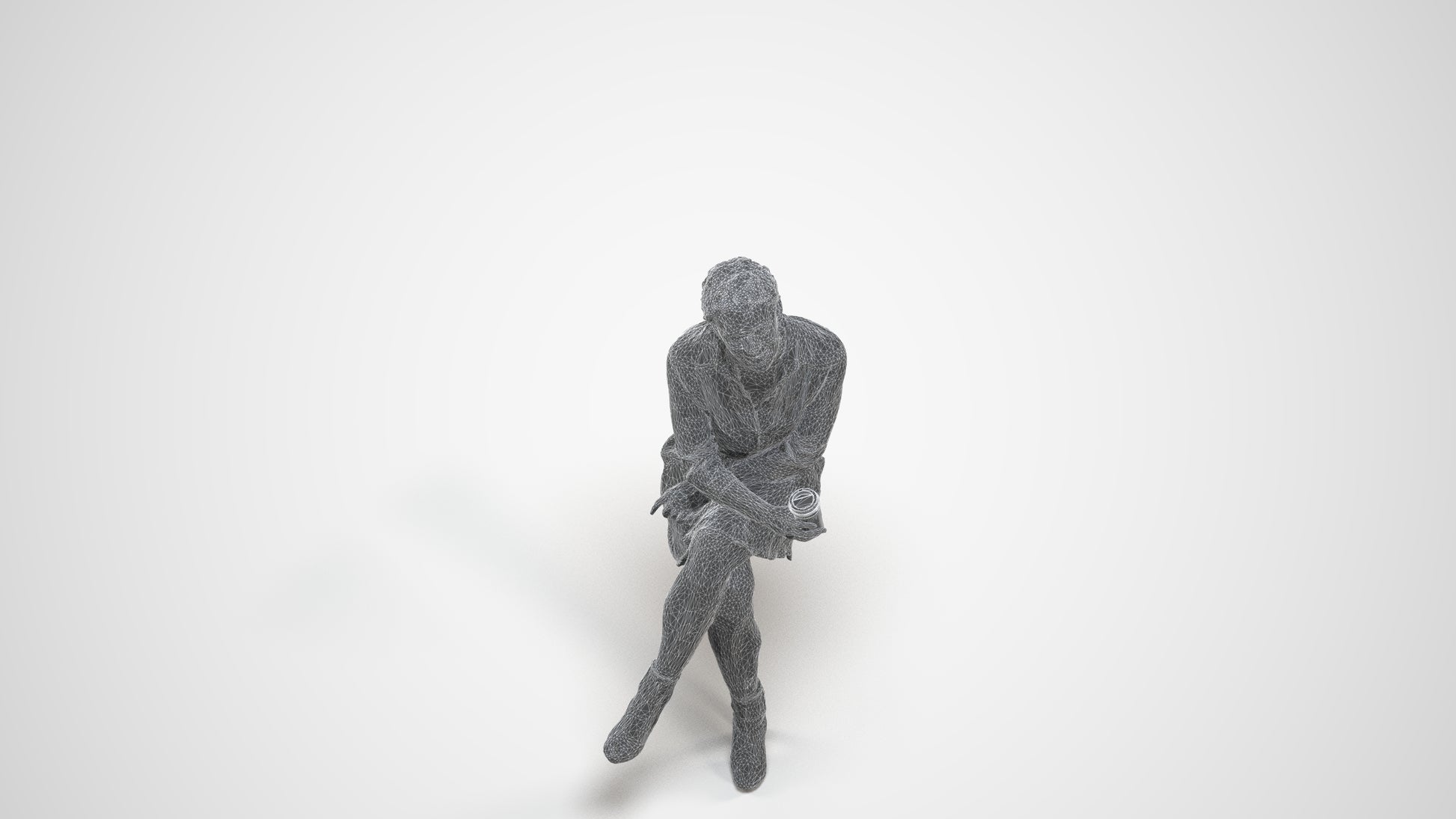 3D scanned woman sitting casual, photorealistic archviz people for Enscape and SketchUp, wireframe three-quarter view
