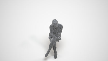 3D scanned woman sitting casual, photorealistic archviz people for Enscape and SketchUp, wireframe three-quarter view