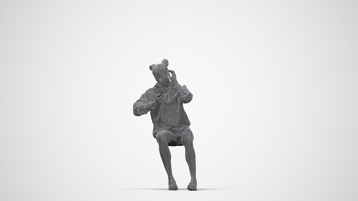 realistic 3D human woman casual sitting, archviz people FBX OBJ for Blender, wireframe back view