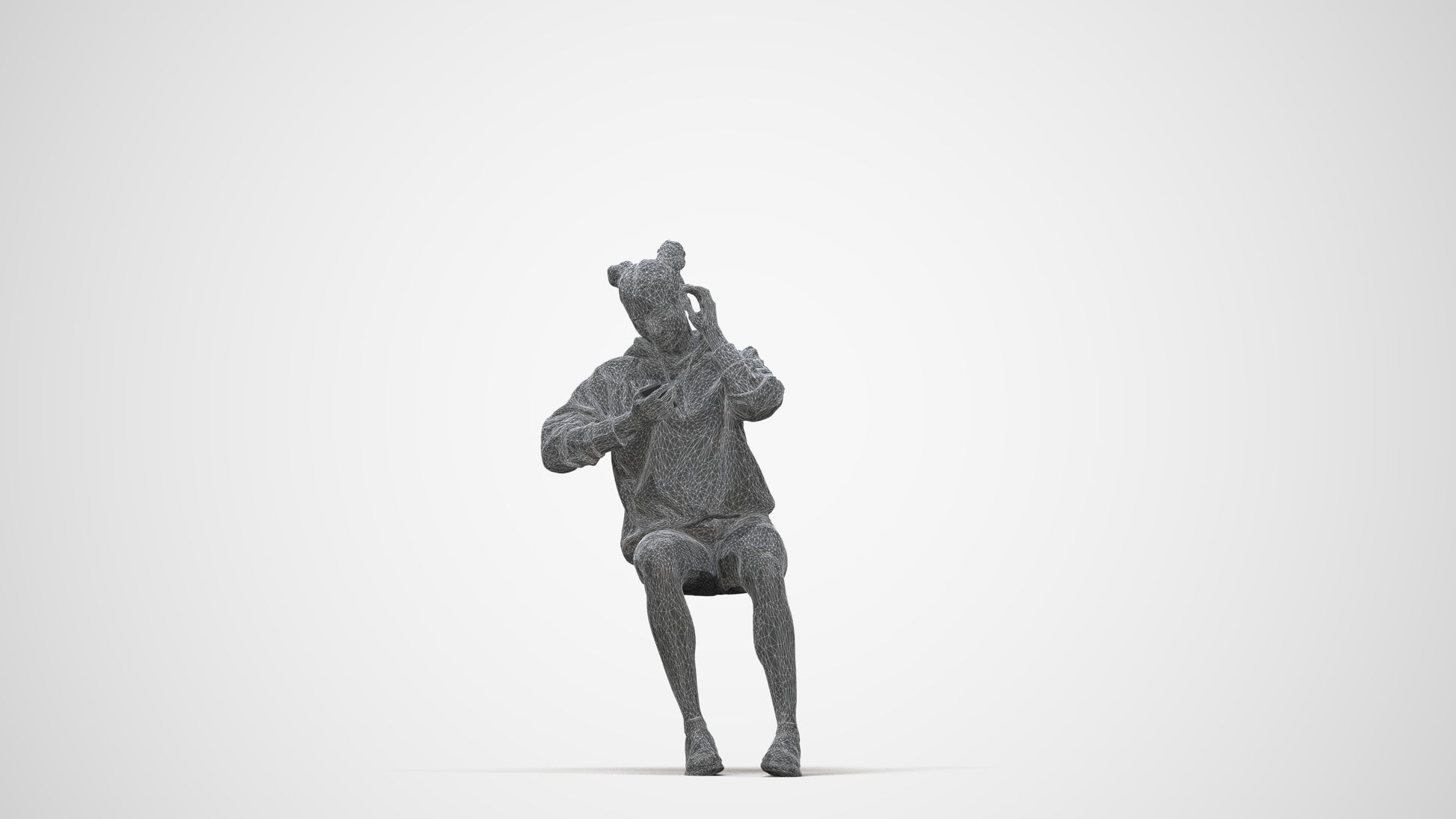 realistic 3D human woman casual sitting, archviz people FBX OBJ for Blender, wireframe back view