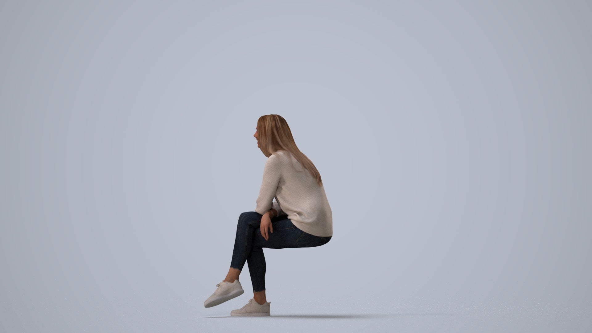 3D people model woman casual sitting, scanned human for 3ds Max rendering, three-quarter view render