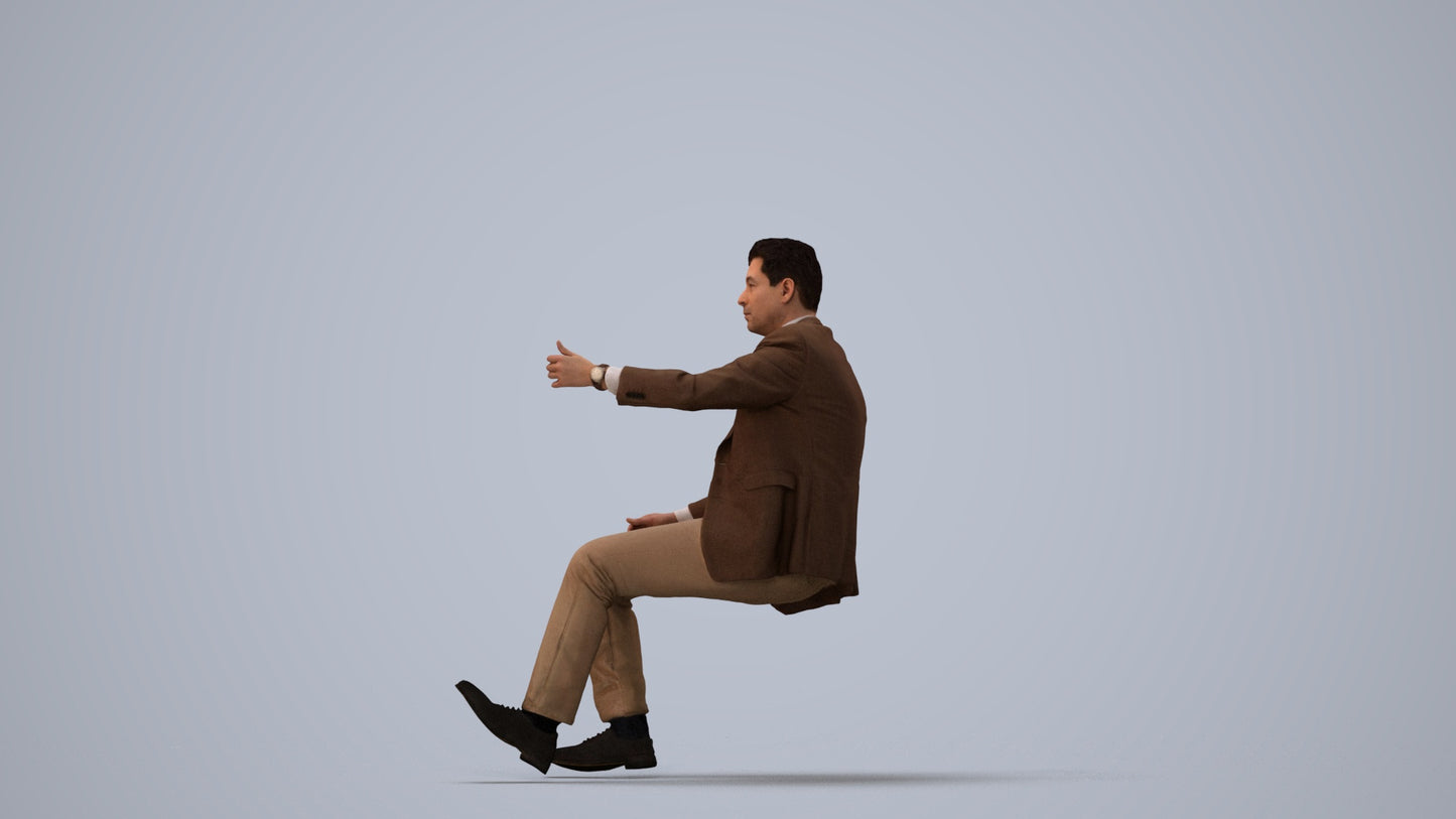 realistic 3D human man business driving, archviz people FBX OBJ for Blender, three-quarter view render