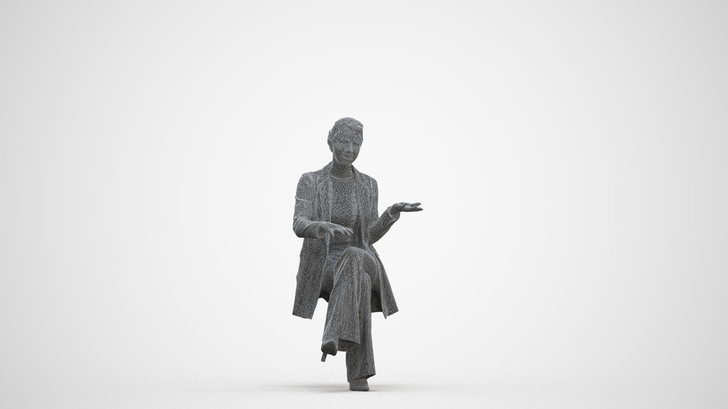 3D scanned woman sitting business, photorealistic archviz people for Enscape and SketchUp, three-quarter front view render