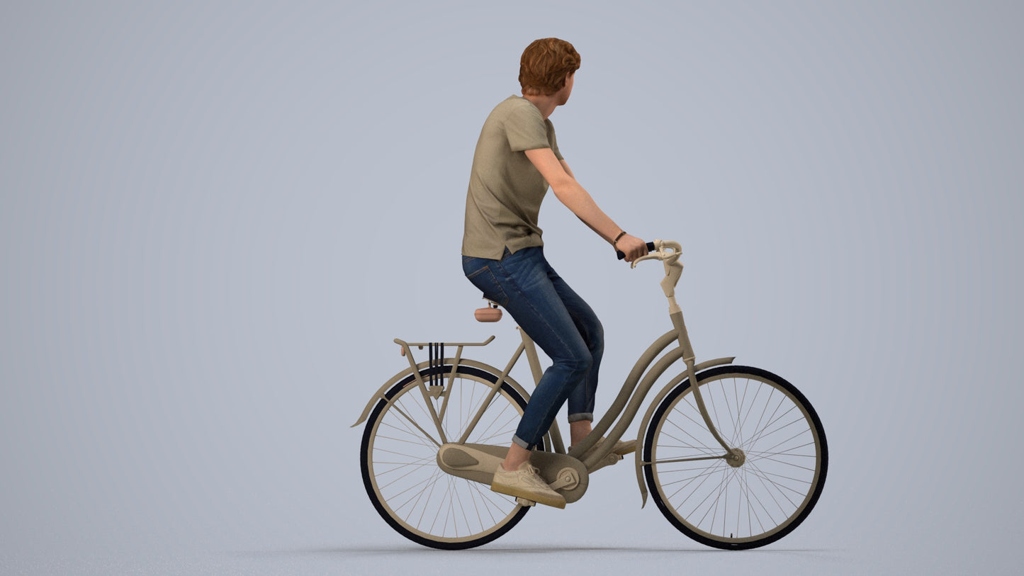 realistic 3D man casual cycling, scanned archviz people for Blender and 3ds Max, side view render