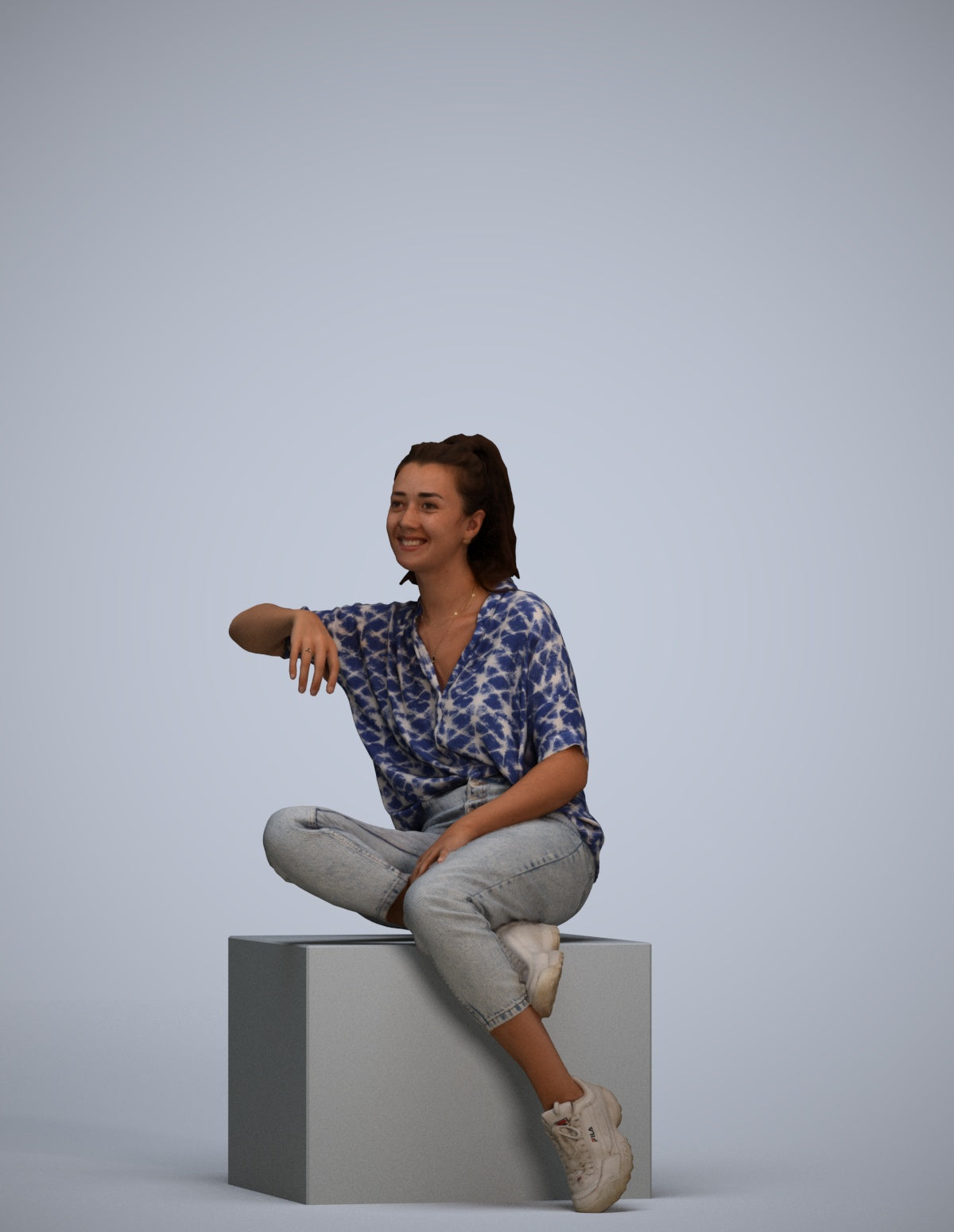 scanned 3D woman casual sitting, photogrammetry people for Enscape and V-Ray