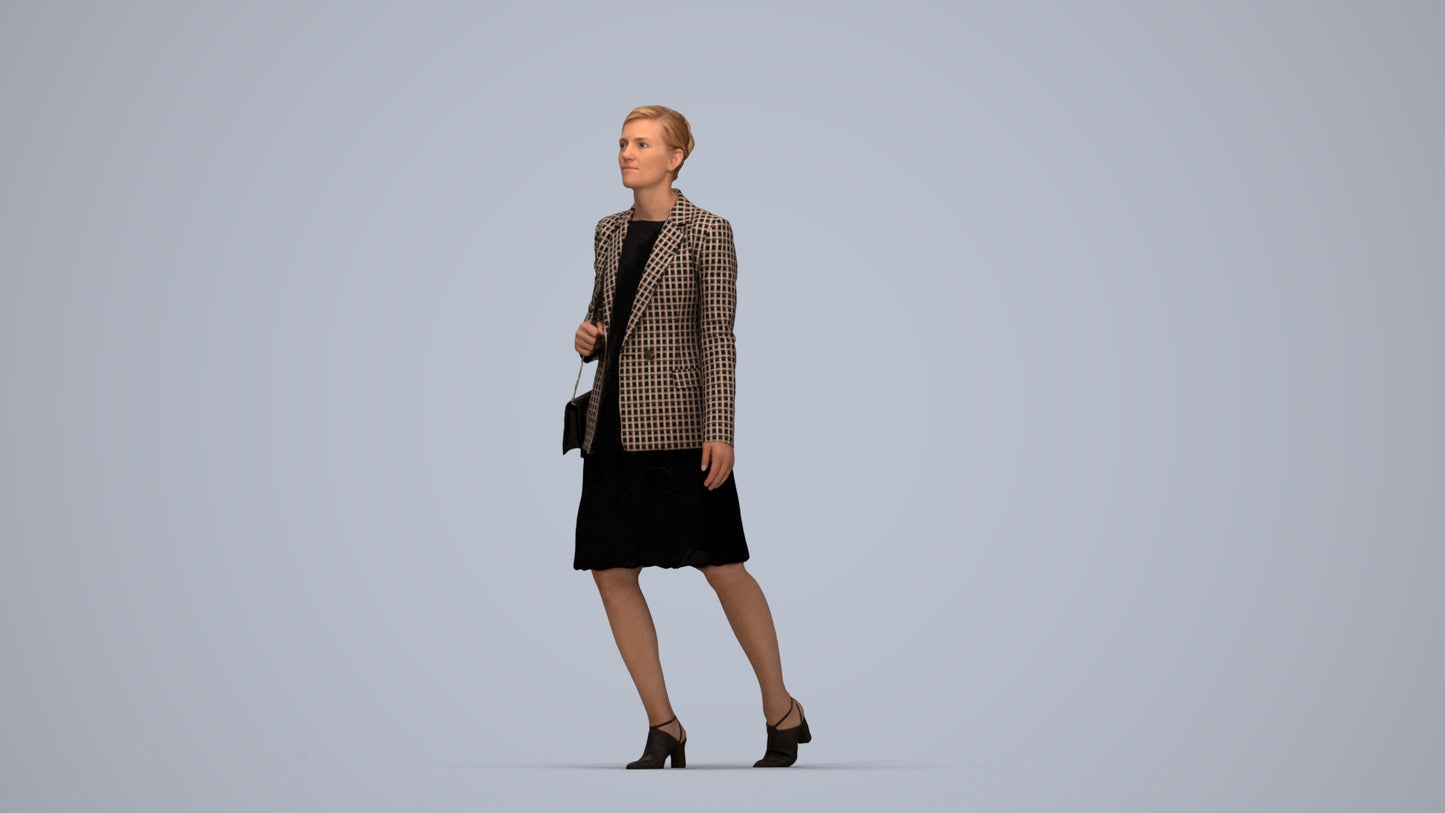 photogrammetry 3D woman business walking, realistic human model archviz FBX, top-down view render
