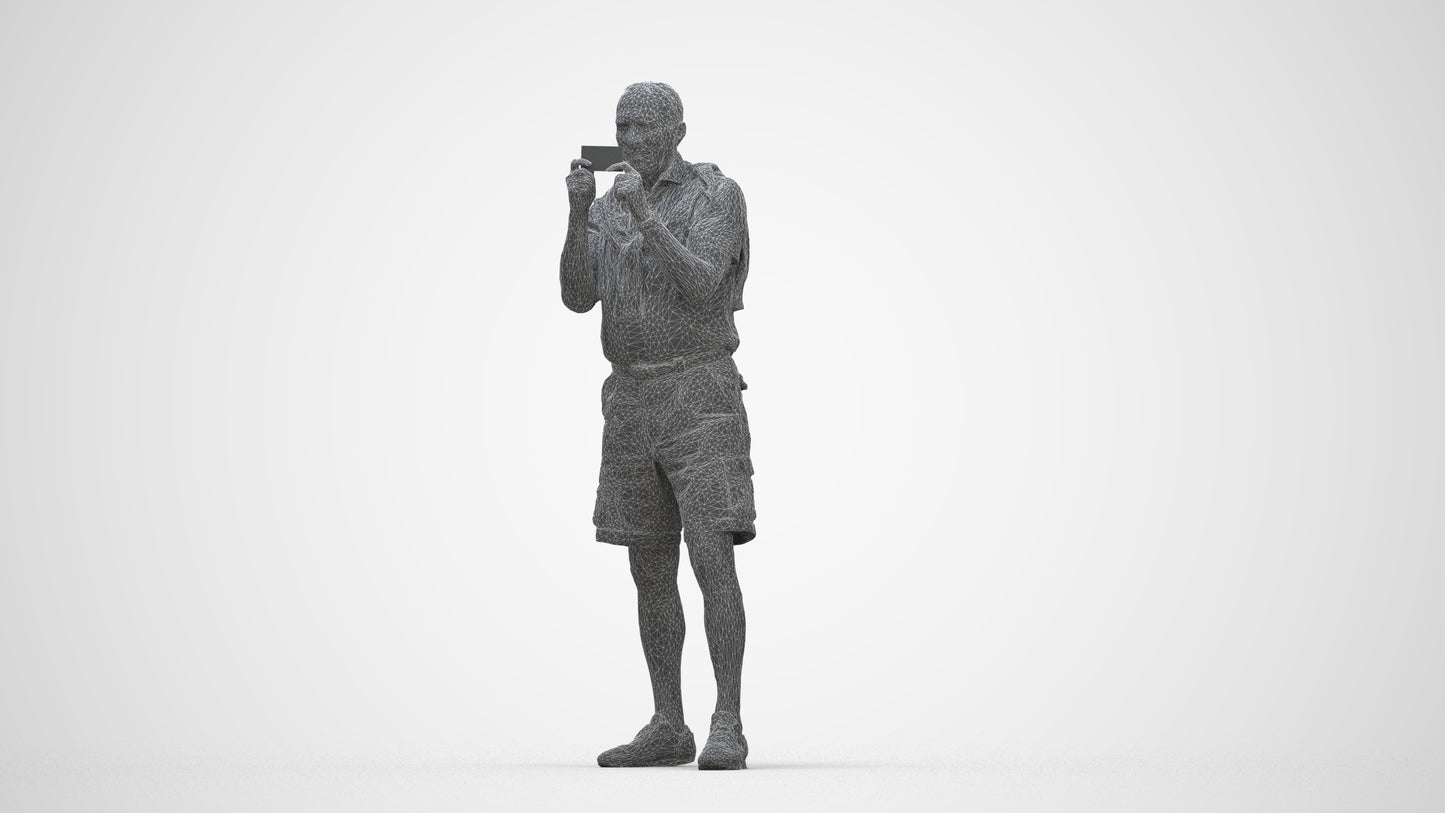 realistic 3D senior man casual standing, scanned archviz people for Blender and 3ds Max, wireframe back view