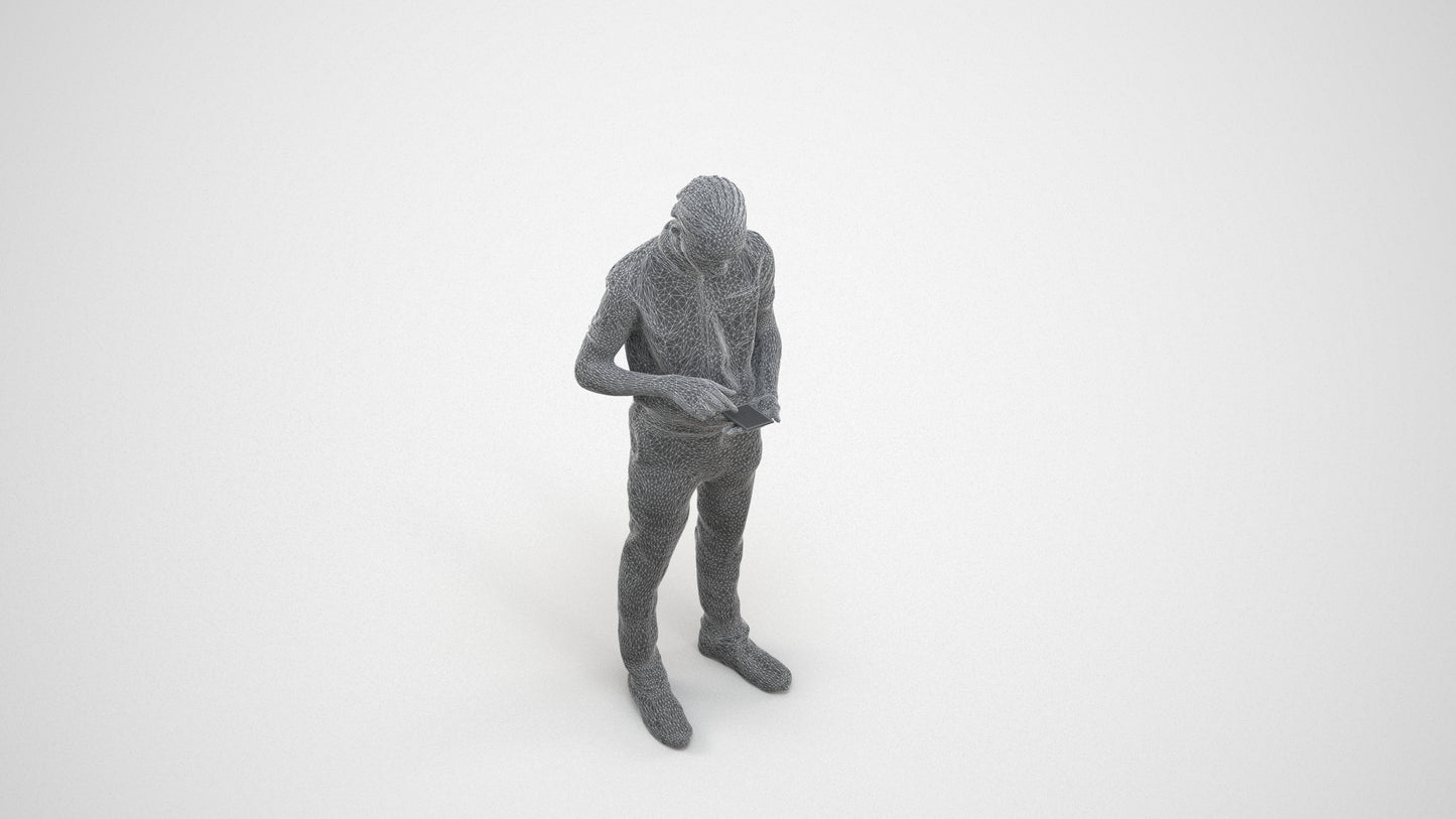 3D human model boy hospitality, photogrammetry scanned person for archviz, wireframe three-quarter view