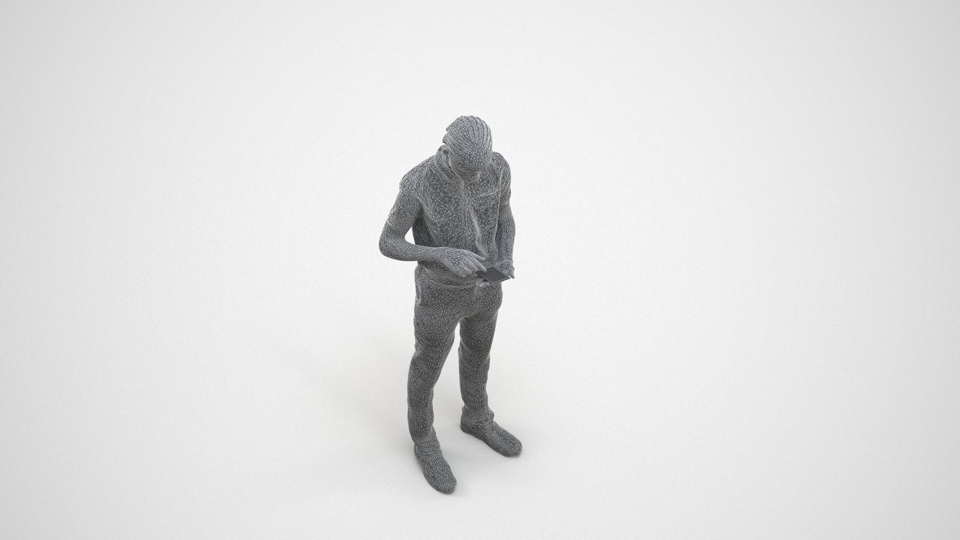 3D human model boy hospitality, photogrammetry scanned person for archviz, wireframe three-quarter view