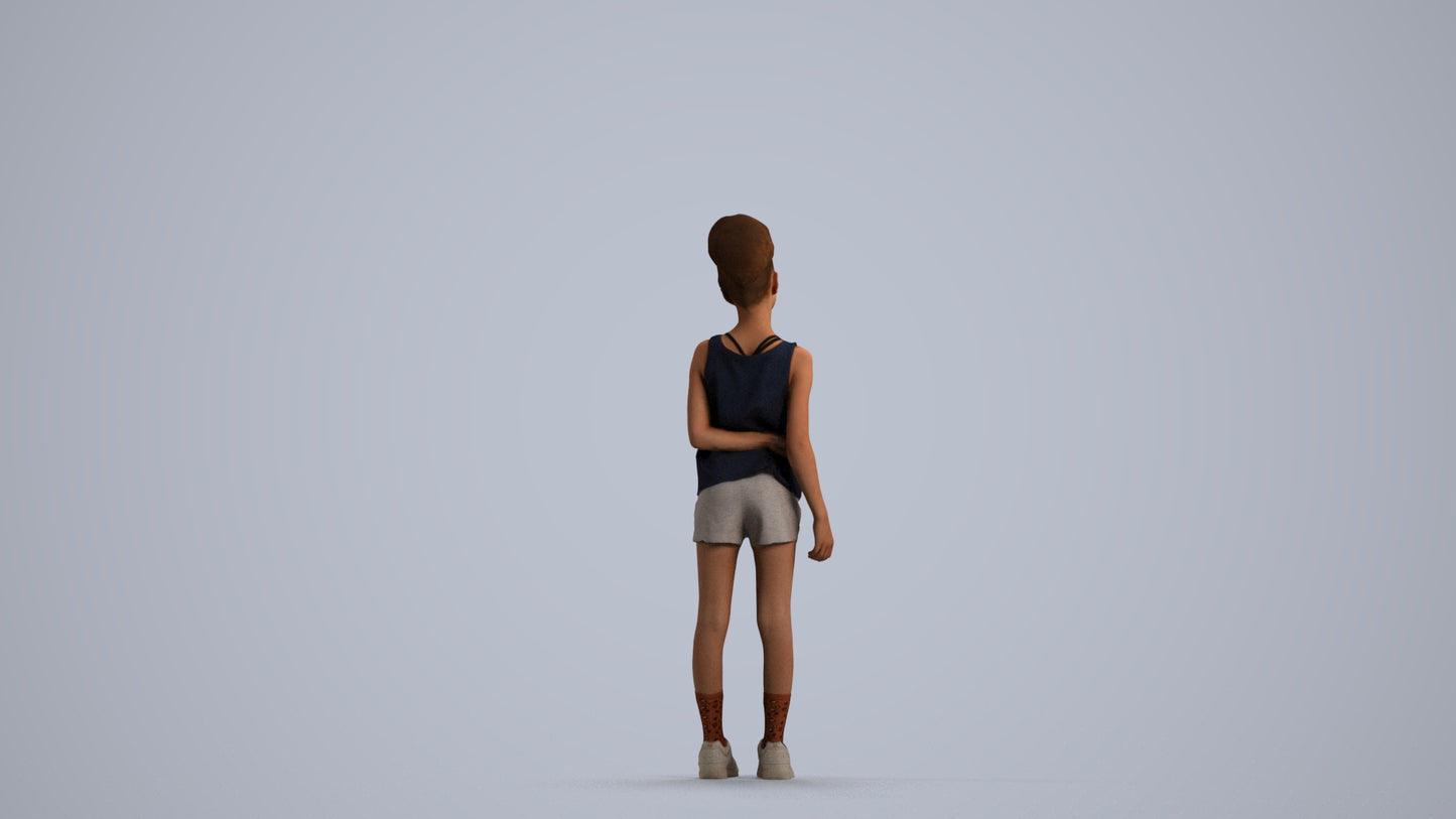 3D human model girl sport kids, photogrammetry scanned person for archviz, front view render