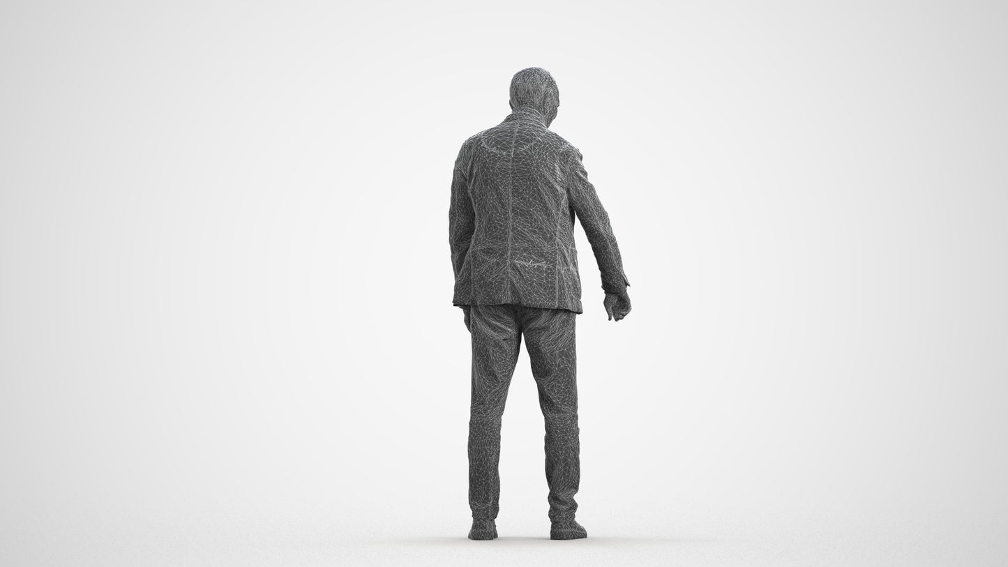 photogrammetry 3D senior man casual standing, realistic human model archviz FBX, wireframe front view