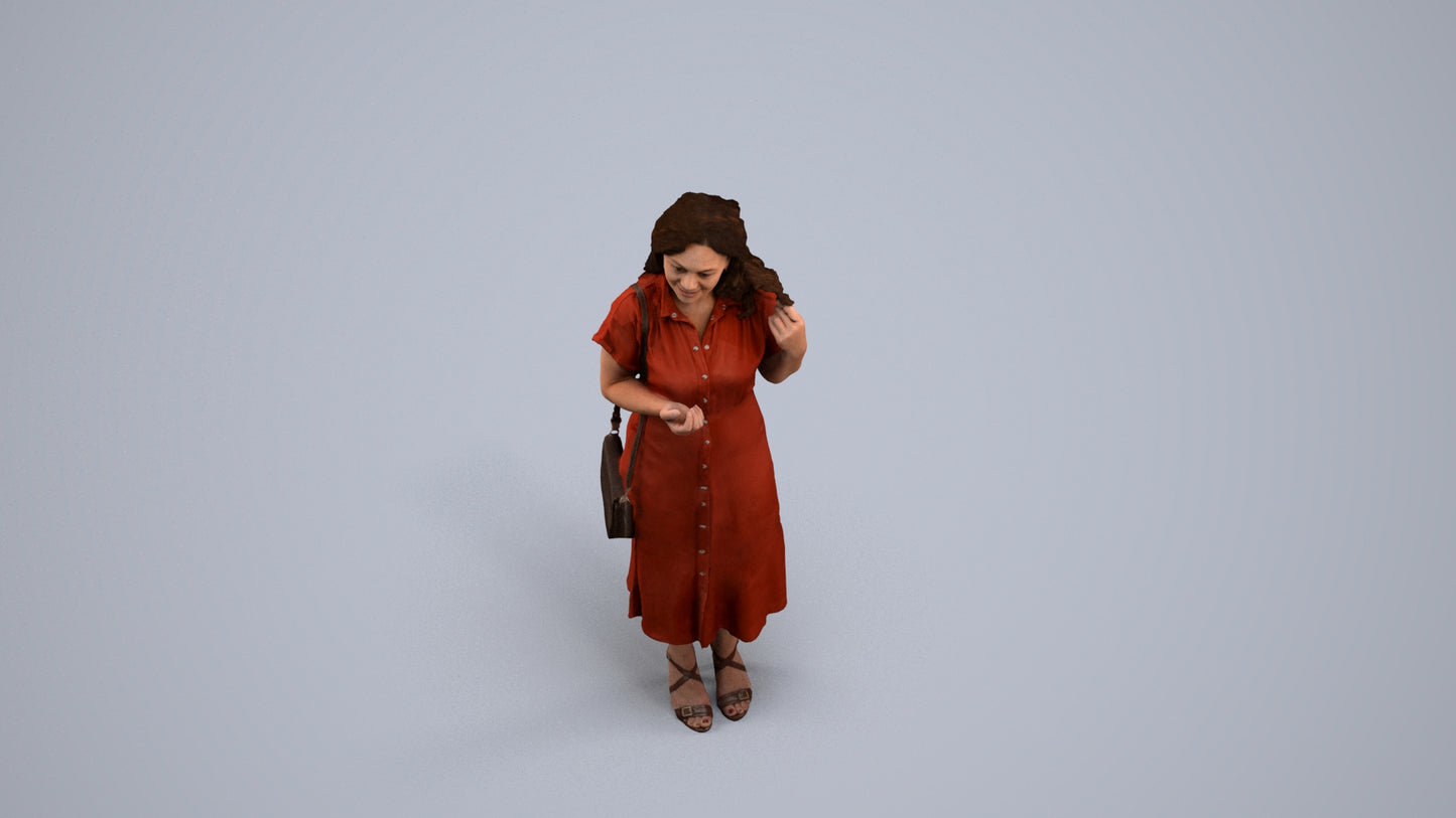 3D human model woman casual standing, photogrammetry scanned person for archviz, back view render