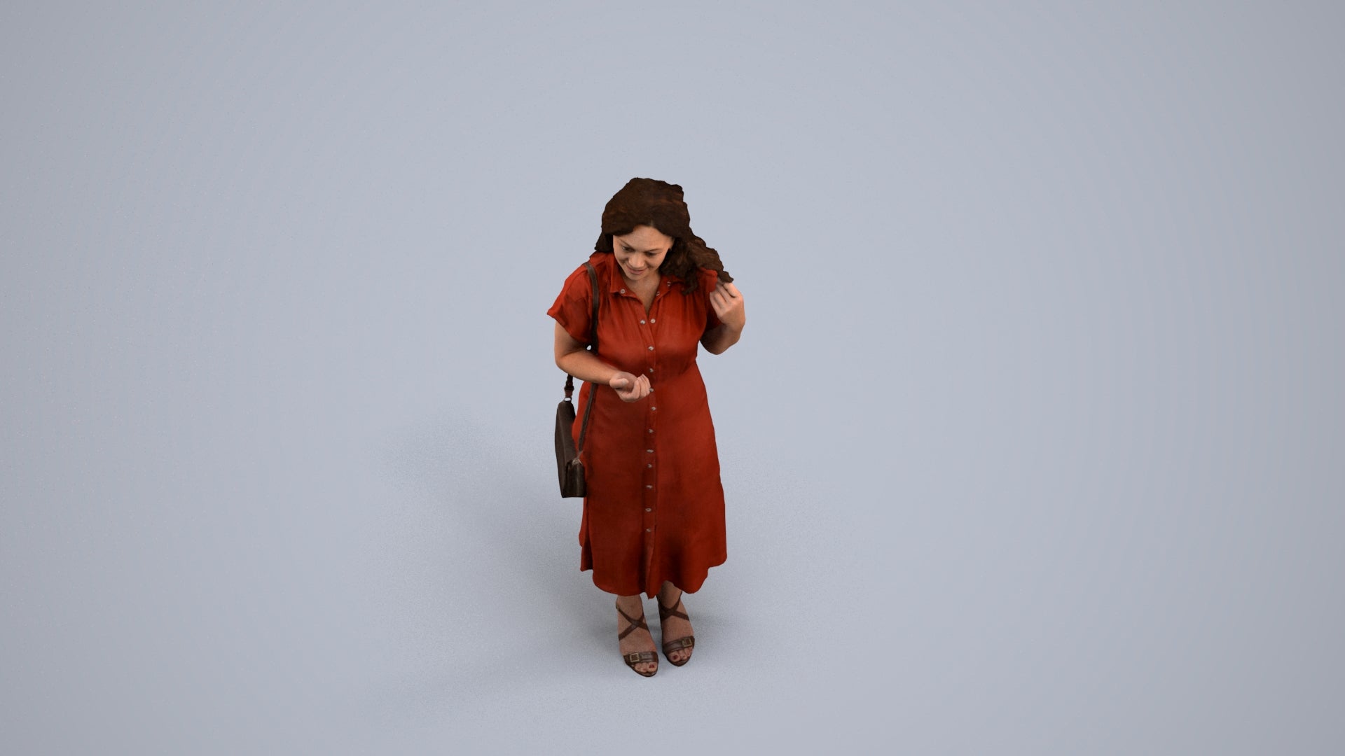 3D human model woman casual standing, photogrammetry scanned person for archviz, back view render