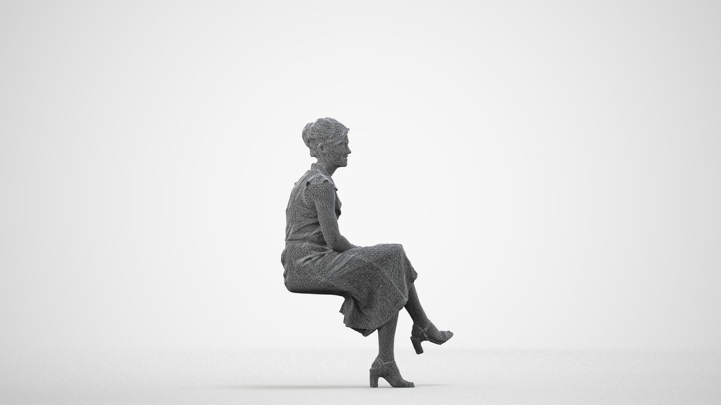 realistic 3D human woman casual sitting, archviz people FBX OBJ for Blender, wireframe side view