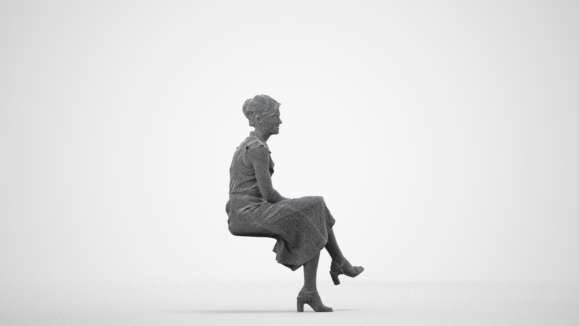 realistic 3D human woman casual sitting, archviz people FBX OBJ for Blender, wireframe side view