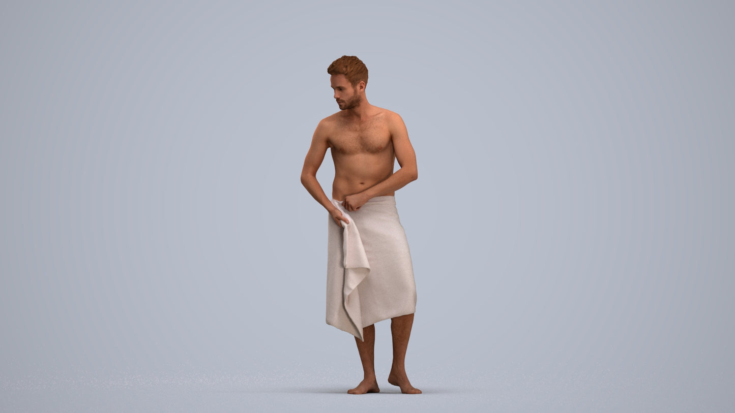3D human model man casual bathroom, photogrammetry scanned person for archviz, standing pose render