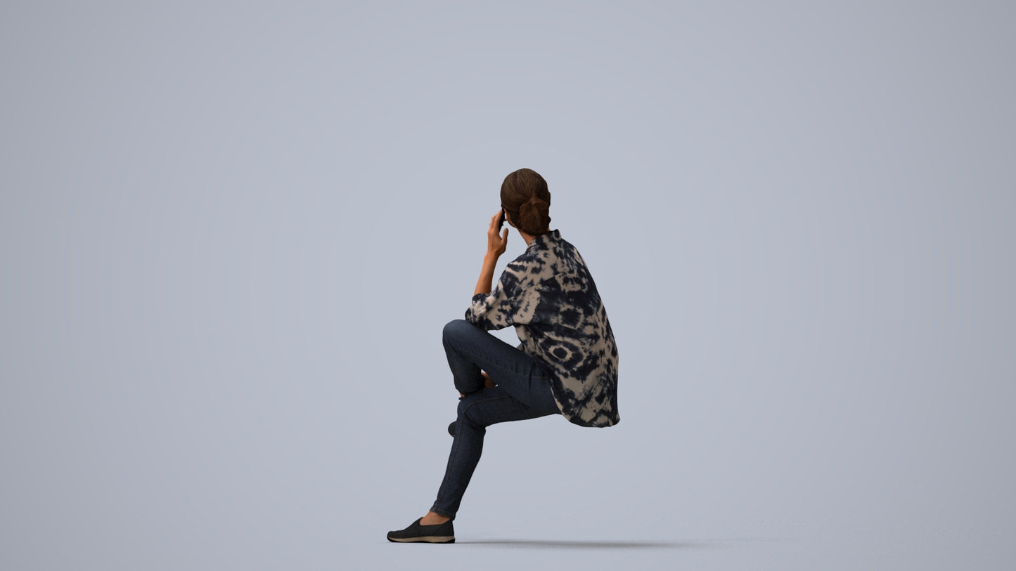scanned 3D woman casual sitting, photogrammetry people for Enscape and V-Ray, three-quarter view render