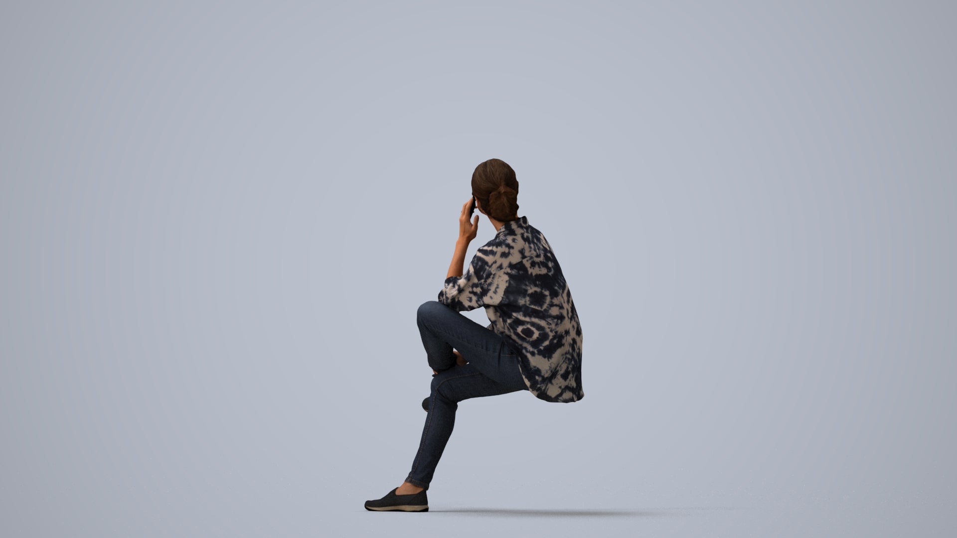 scanned 3D woman casual sitting, photogrammetry people for Enscape and V-Ray, three-quarter view render