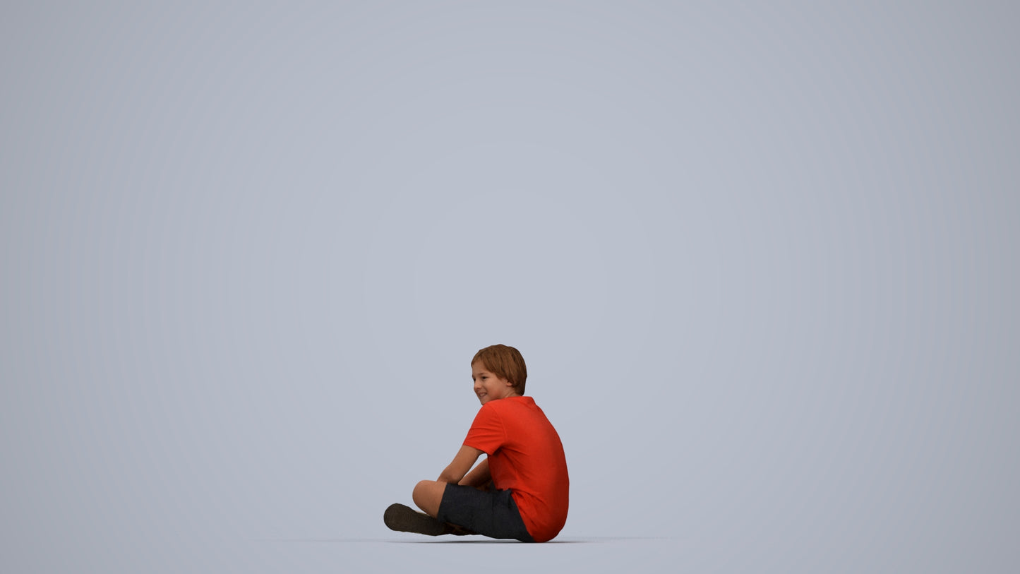 3D human model boy casual kids, photogrammetry scanned person for archviz, top-down view render