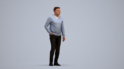 3D human model man casual standing, photogrammetry scanned person for archviz, standing pose render