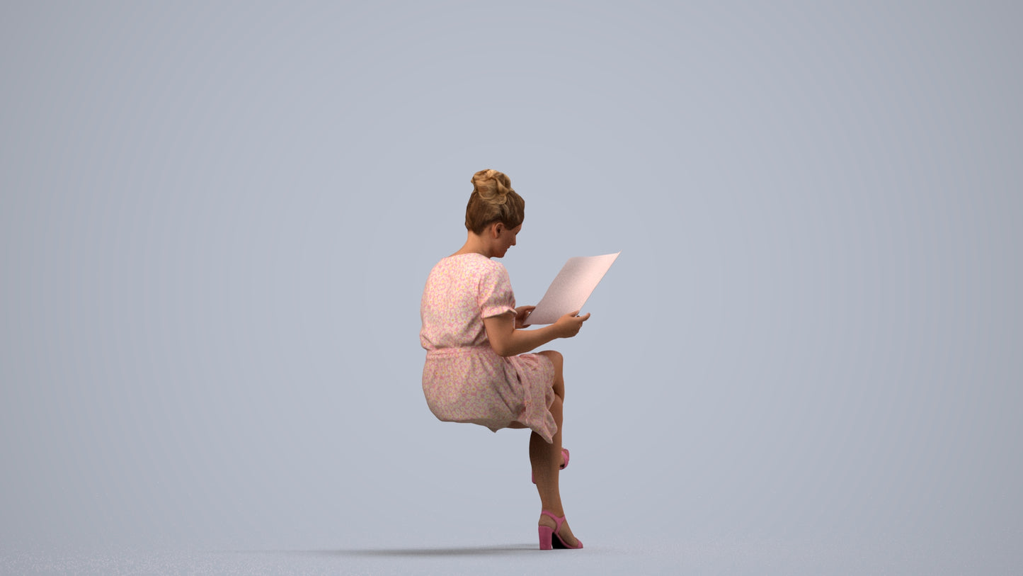 photogrammetry 3D woman casual sitting, realistic human model archviz FBX, side view render
