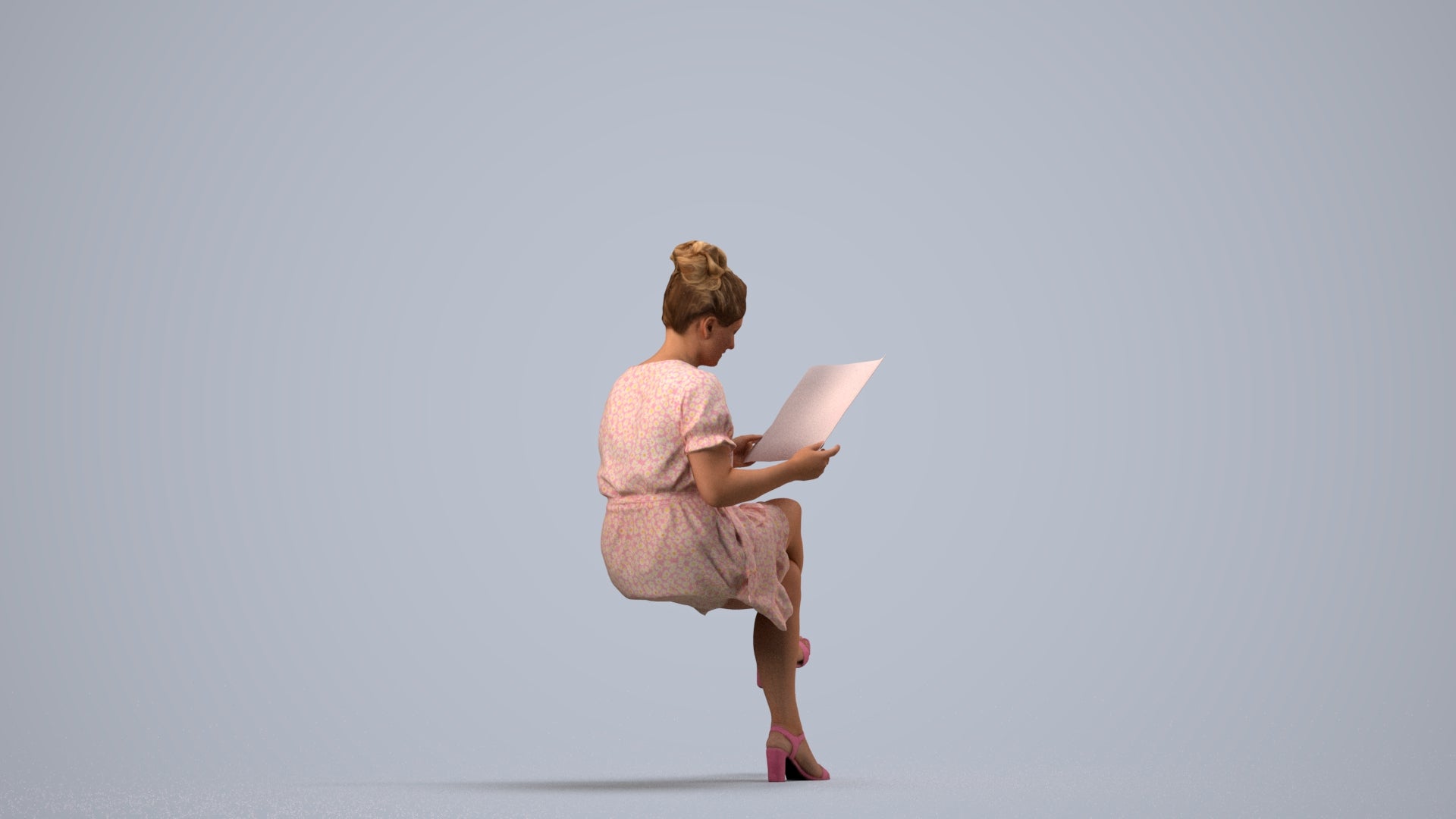 photogrammetry 3D woman casual sitting, realistic human model archviz FBX, side view render